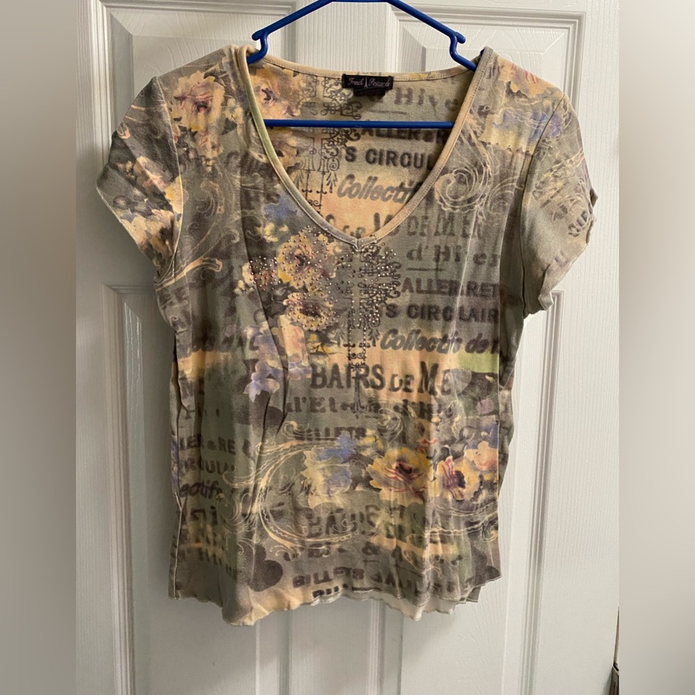 French Postcards L Top Rhinestone Shirt Pastel Short Sleeve Large Lg Y2K